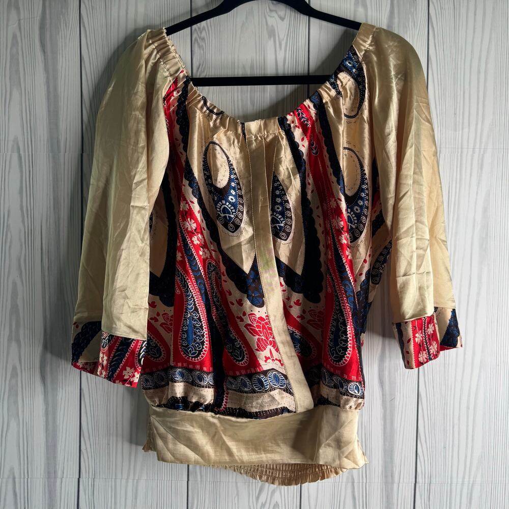 Charlotte Russe Y2K Abstract Pattern  Satin Blouse Size Medium Festival Boho - Picture 2 of 10